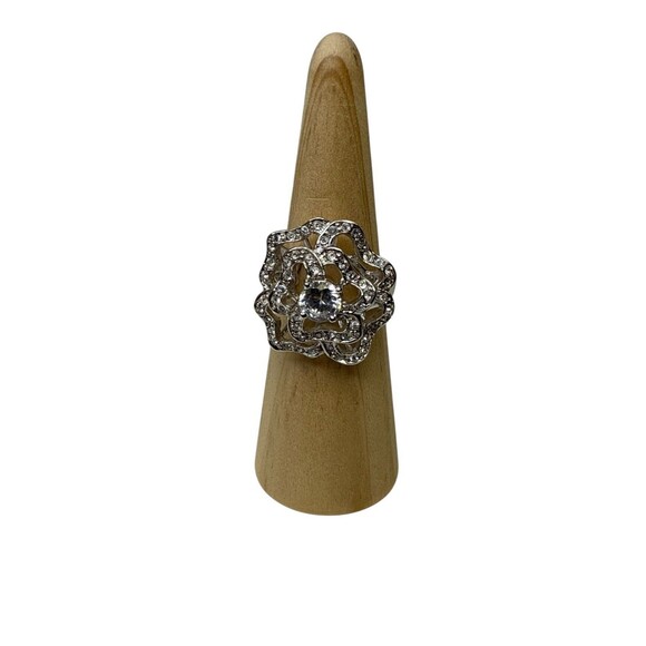 Nolan Miller Clear Crystal Rose Flower Cocktail Statement Ring Silver Tone - 9 - Picture 1 of 11